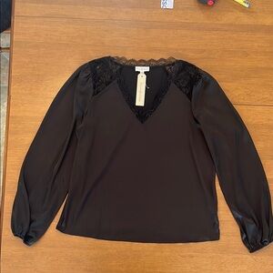 NWT Black Satin and Lace Puff Sleeve V-Neck Blouse Romantic Goth Women’s XL